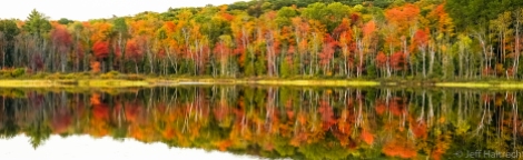 fall colors mirrored on echo lake, lake of bays township, muskoka, ontario, canada